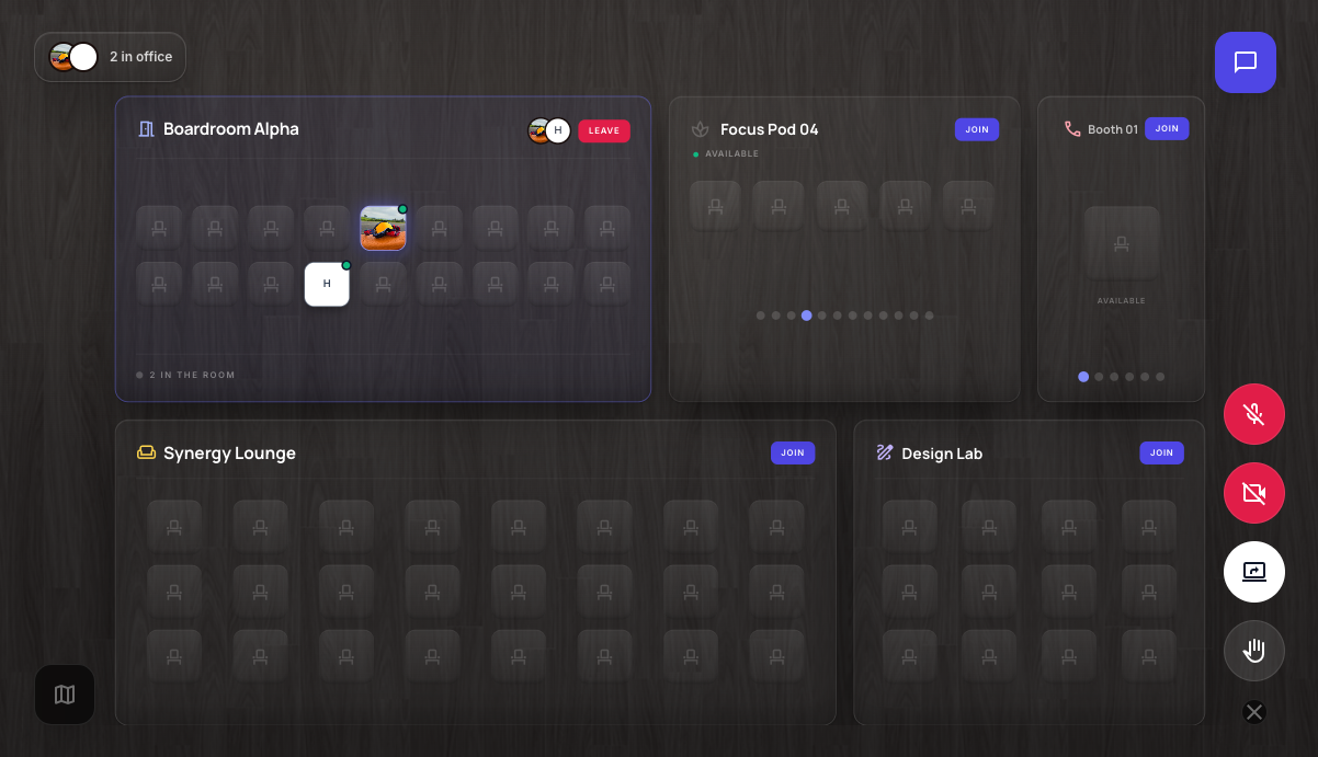 The PamojaHQ virtual office floor with rooms, seats and presence
